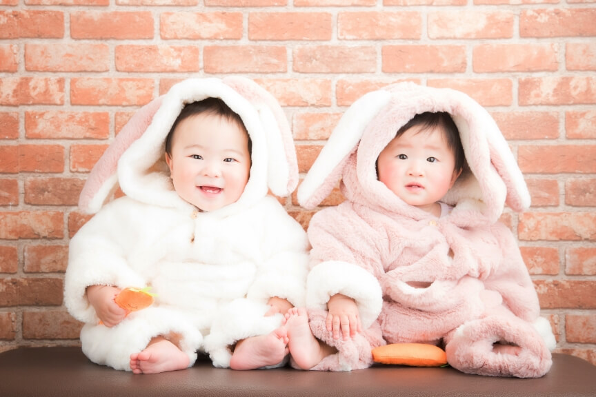 お揃いのうさぎの衣裳を着た双子の赤ちゃんのイメージ
