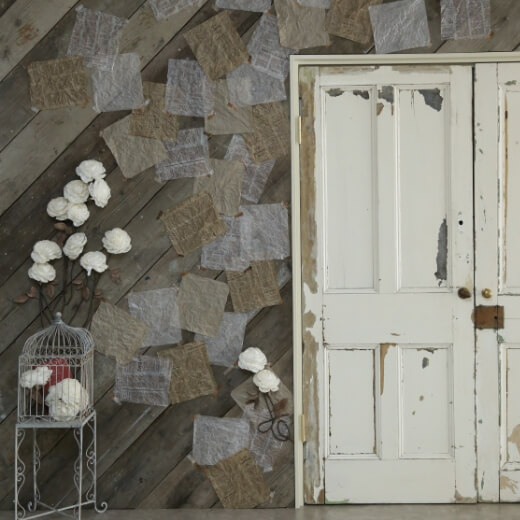 木調の壁に白のアンティークな扉と鳥かごがあるスタジオ